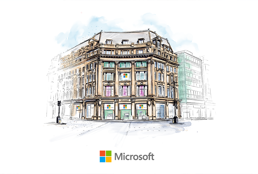 Coloured sketch of Microsoft's future building on Oxford Street.